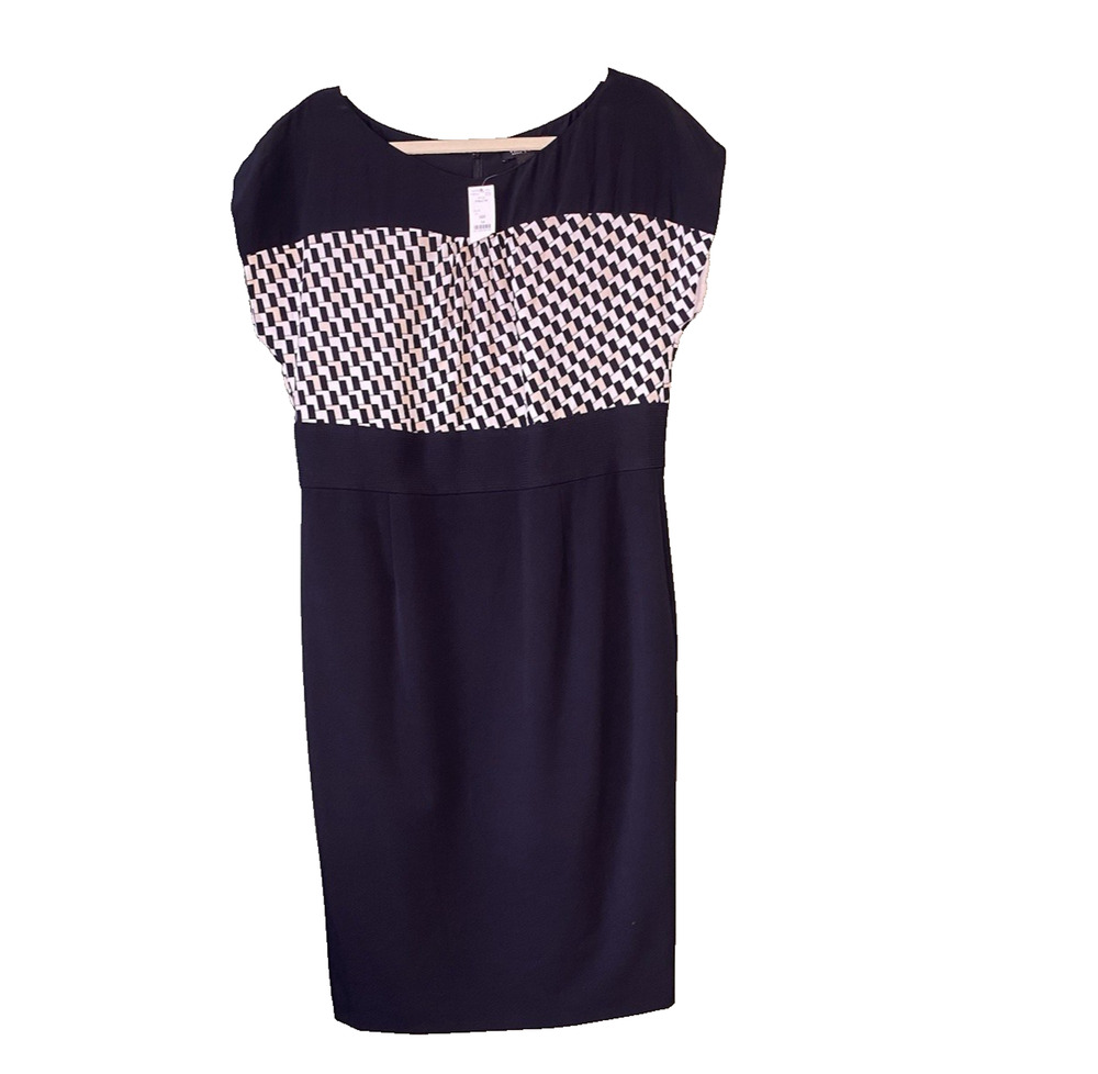 White House Black Market Silk Dress Sz 14 NEW WHBM Black Geometric Silk Sheath